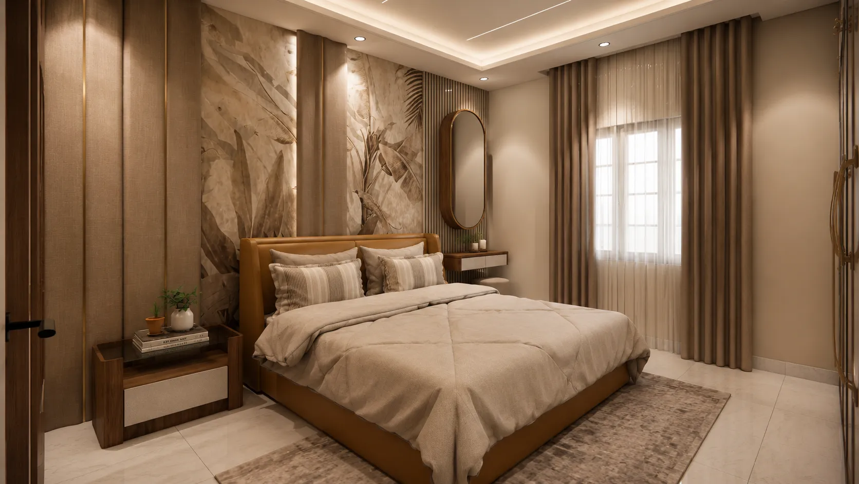 Master bedroom in muted linen tones with soft daylight