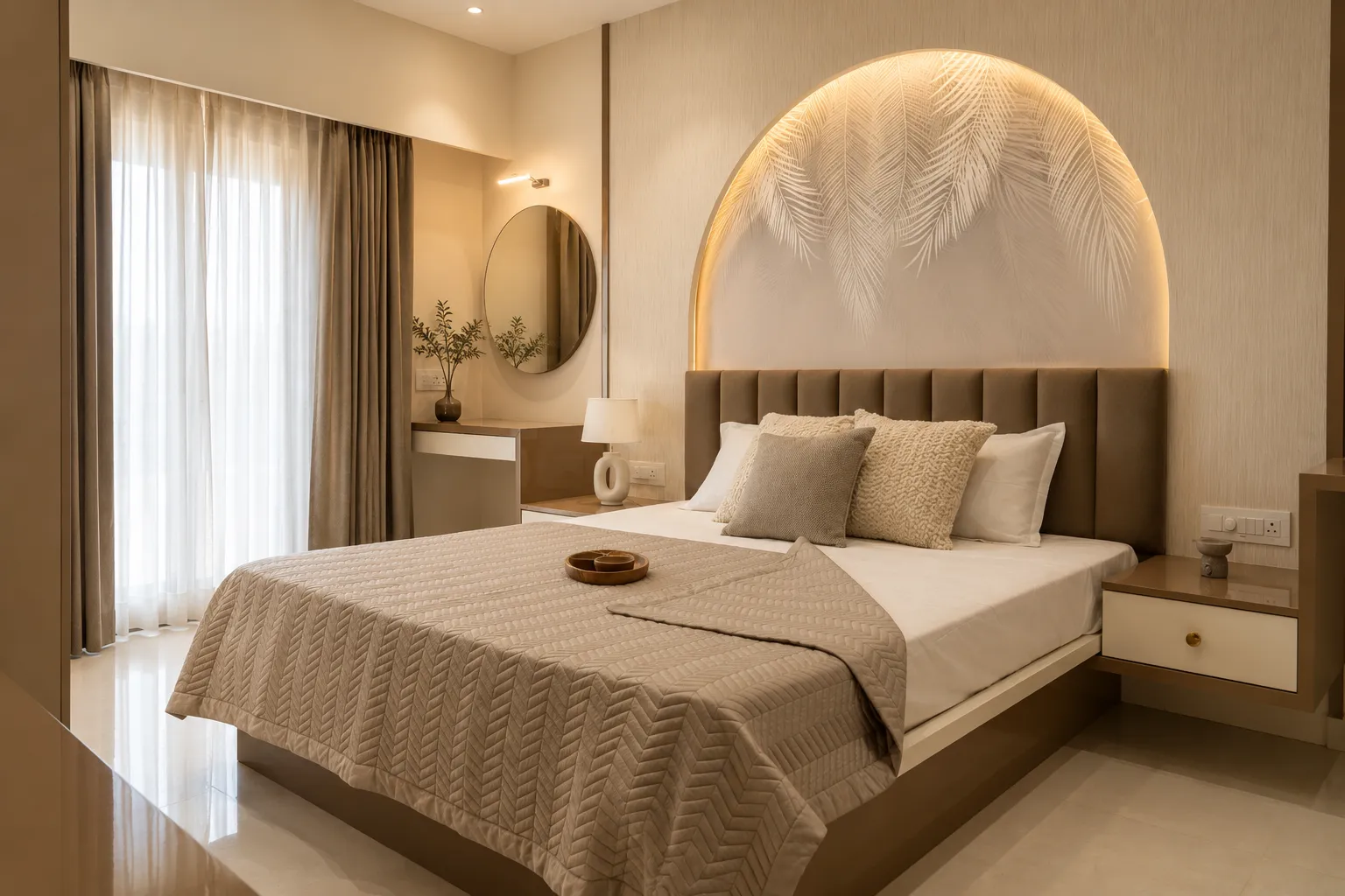 Master bedroom in muted linen tones with soft daylight